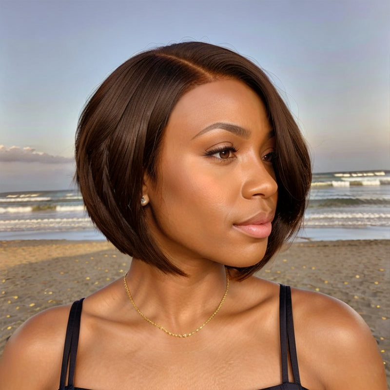 Short Brown Hair Style With Pin-Curls Bangs Bob Curly Human Hair For Black Woman