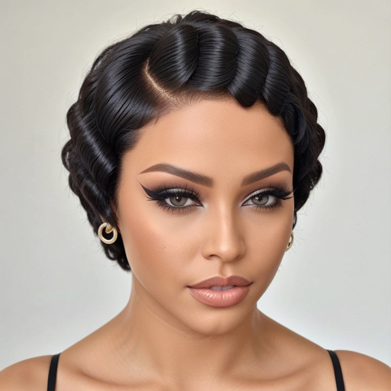 Load image into Gallery viewer, LinktoHair Trendy Limited Design Short Pixie Cut Finger Wave 13x4  Human Lace Front Wig
