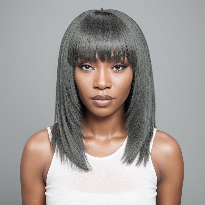 Trendy Design & Color | Salt & Pepper Kinky Straight Glueless Wig Layered Cut With Bangs 100% Human Hair Wigs