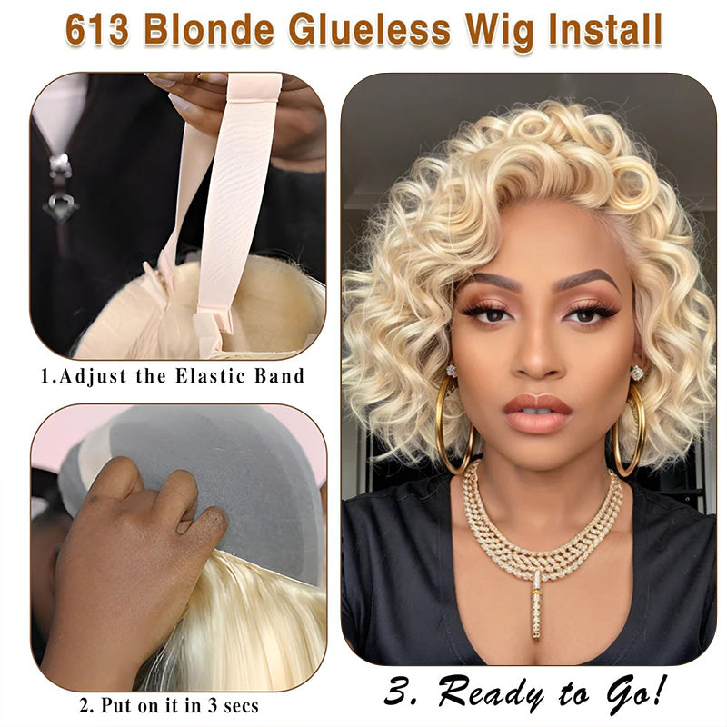 Short Wavy Human Hair Wigs #613 Blonde Lace Front Bob Wigs