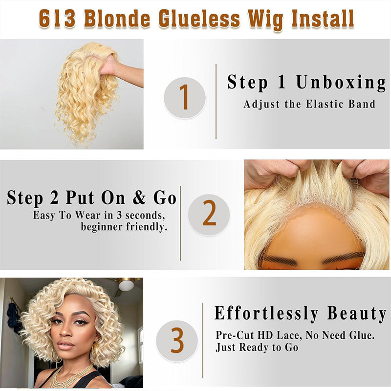 Short Wavy Human Hair Wigs #613 Blonde Lace Front Bob Wigs