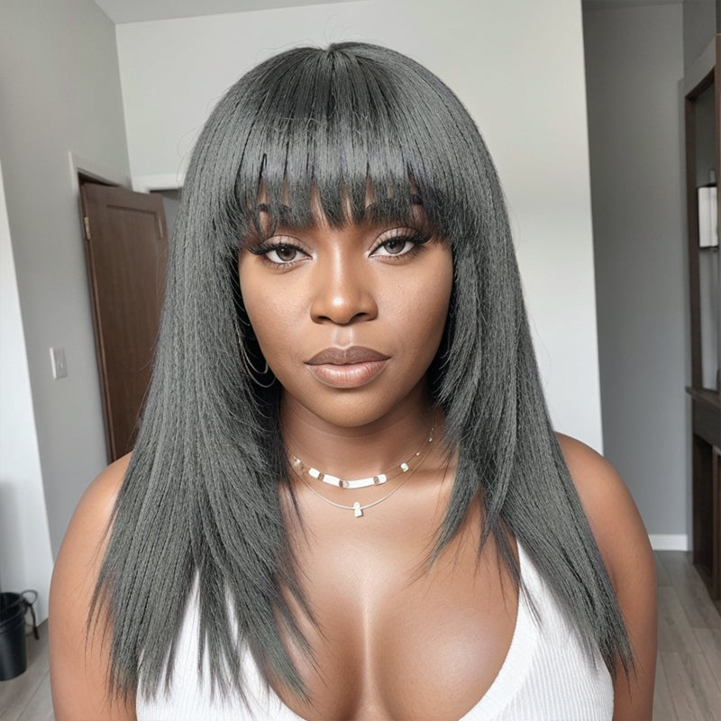 Trendy Design & Color | Salt & Pepper Kinky Straight Glueless Wig Layered Cut With Bangs 100% Human Hair Wigs