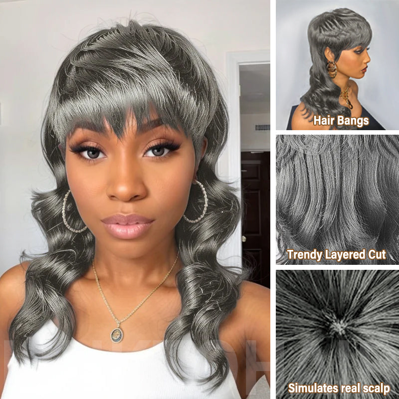 LinktoHair Salt And Pepper Glueless Pixie Cut Wavy Human Hair Layered Mullet Wig with Bang