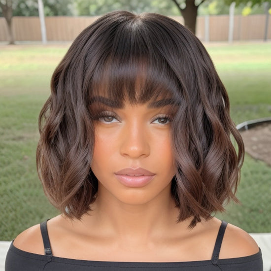Ombre Chestnut Brown Colored Short Wavy Bob Wig with Bangs 100% Human Hair Wigs
