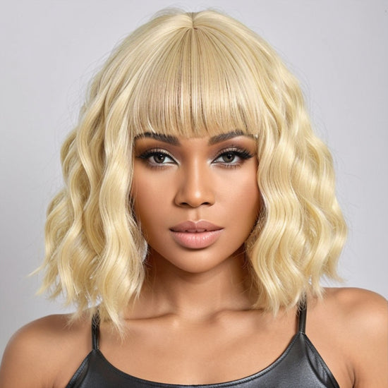 LinktoHair Blonde 613 Short Wavy Bob with Bangs 100% Human Hair Wig