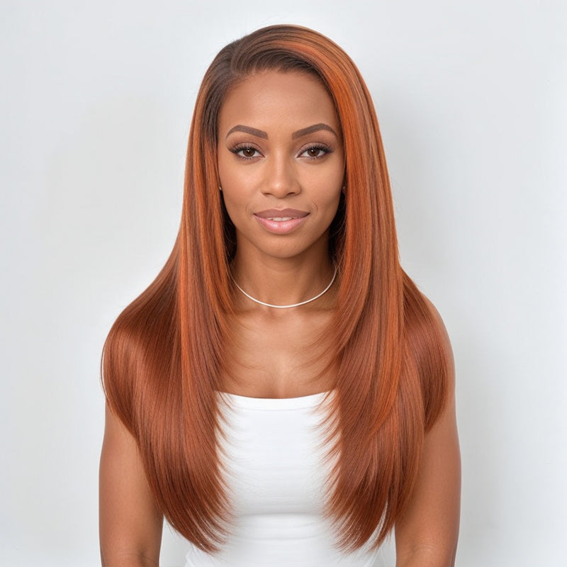 Wear & Go | Glueless 5x5 Closure Lace Wigs Honey Blonde Wig With Ginger Highlights Layered Cut Straight Human Hair