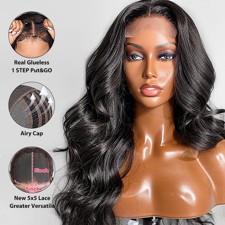 5x5 Lace Body Wave Wig Breathable Cap Human Hair One-Step-Install Air Wig
