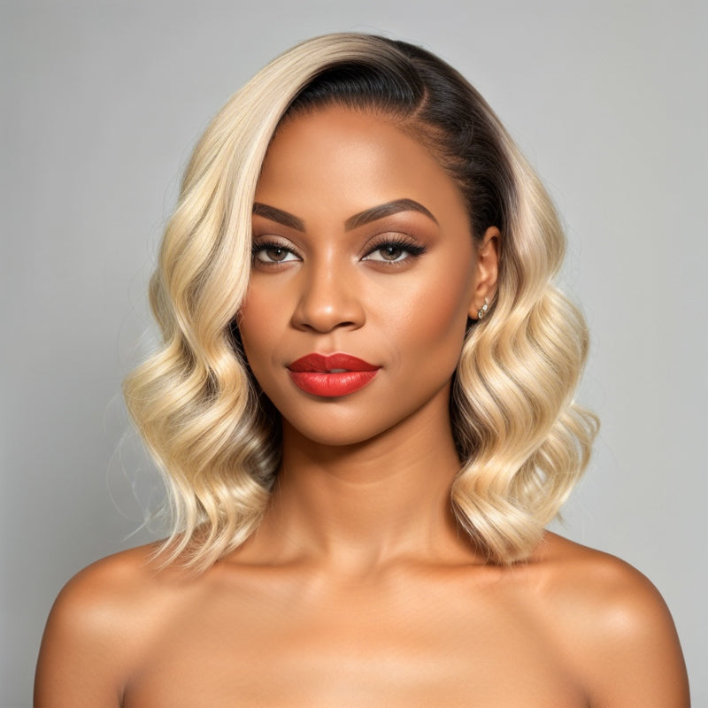 Glueless 613 Blonde Dark Root Body Wave Bob 5x5 HD Lace Closure Wig