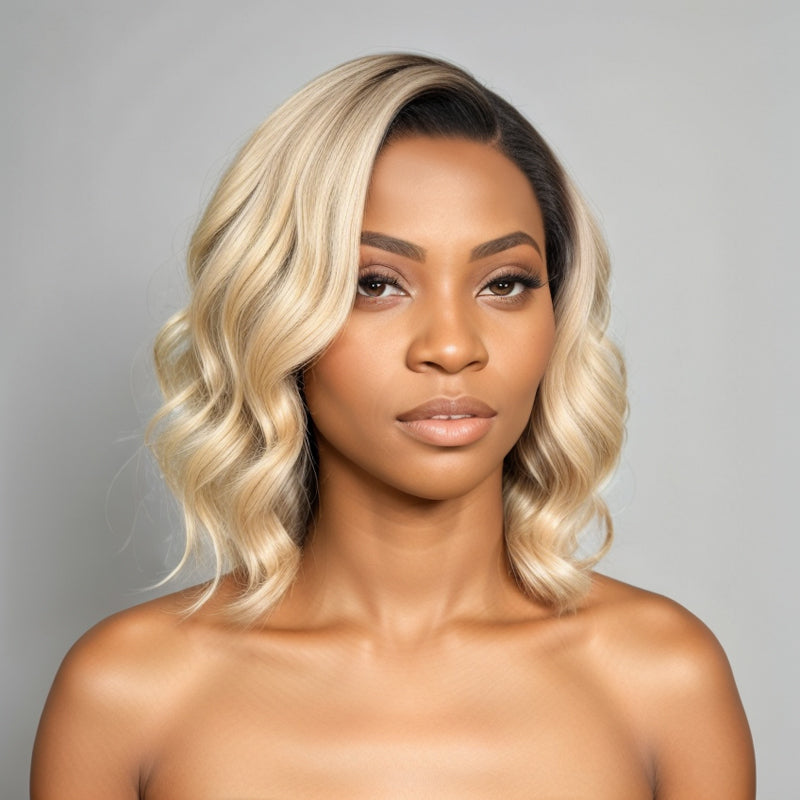 Glueless 613 Blonde Dark Root Body Wave Bob 5x5 HD Lace Closure Wig