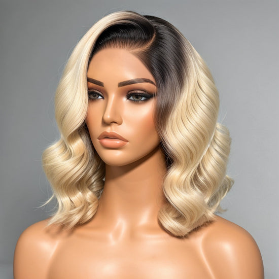 Glueless 613 Blonde Dark Root Body Wave Bob 5x5 HD Lace Closure Wig