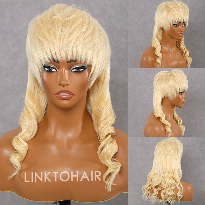 613 Blonde Glueless Pixie Cut Wavy Human Hair Layered Mullet Wig with Bang