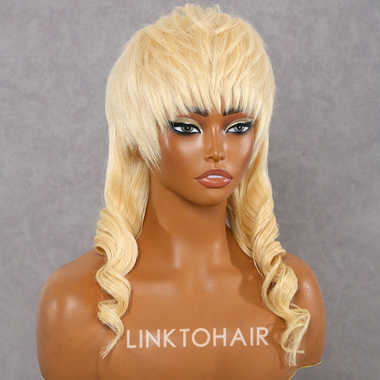 613 Blonde Glueless Pixie Cut Wavy Human Hair Layered Mullet Wig with Bang