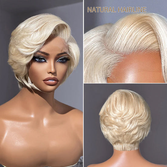 613 Blonde Pixie Cut Glueless 5x5 Closure Lace C Part Short Wig Human Hair