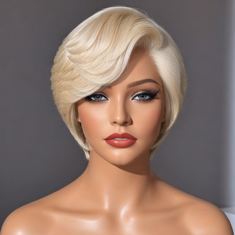 613 Blonde Pixie Cut Glueless 5x5 Closure Lace C Part Short Wig Human Hair