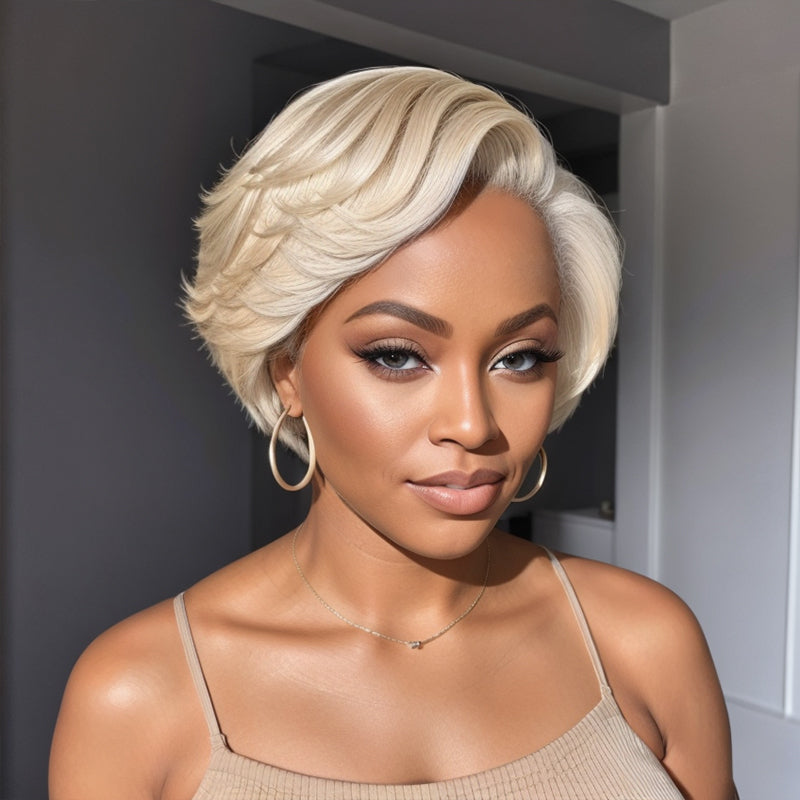 613 Blonde Pixie Cut Glueless 5x5 Closure Lace C Part Short Wig Human Hair