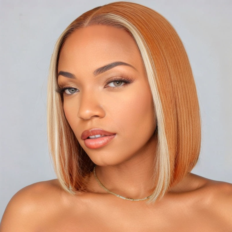 Mid Part Bob 613 Highlight Amber Silky Straight Glueless HD Lace Wig 100% Human Hair
