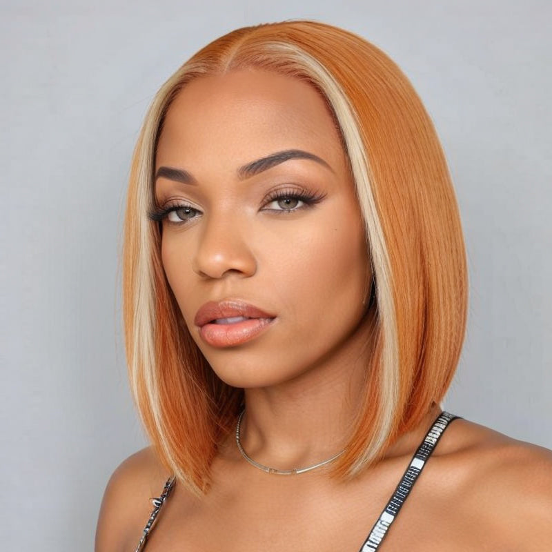 Mid Part Bob 613 Highlight Amber Silky Straight Glueless HD Lace Wig 100% Human Hair