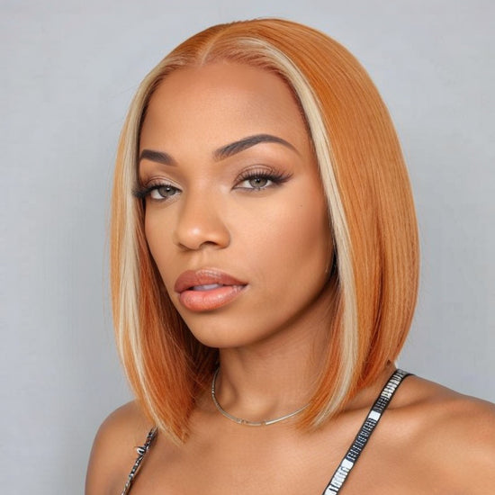 Load image into Gallery viewer, Mid Part Bob 613 Highlight Amber Silky Straight Glueless HD Lace Wig 100% Human Hair
