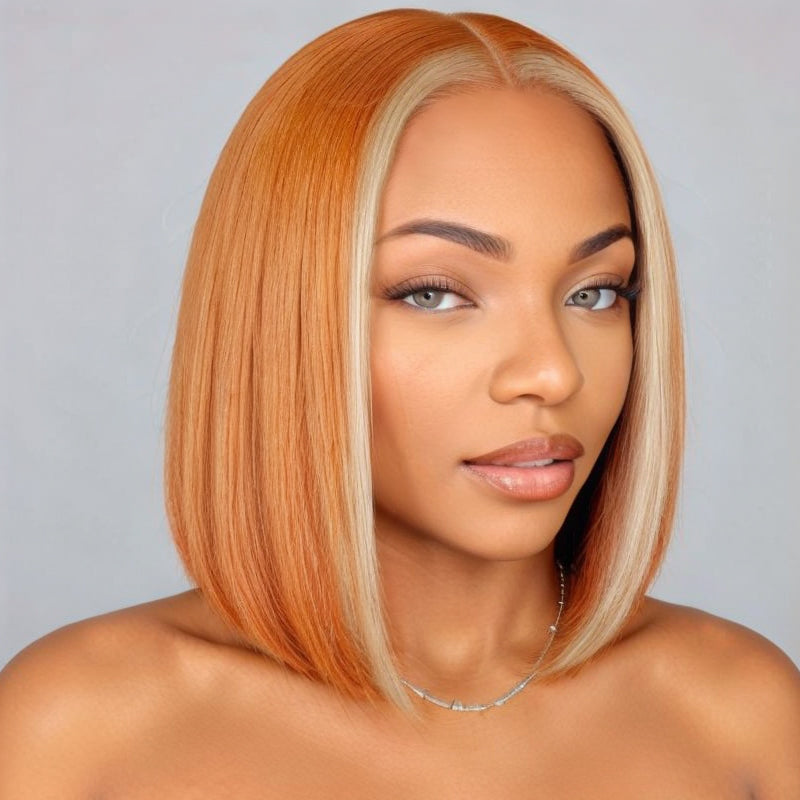 Mid Part Bob 613 Highlight Amber Silky Straight Glueless HD Lace Wig 100% Human Hair