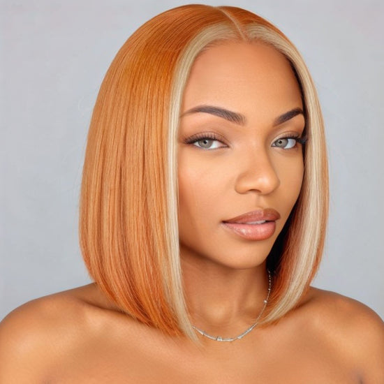 Mid Part Bob 613 Highlight Amber Silky Straight Glueless HD Lace Wig 100% Human Hair