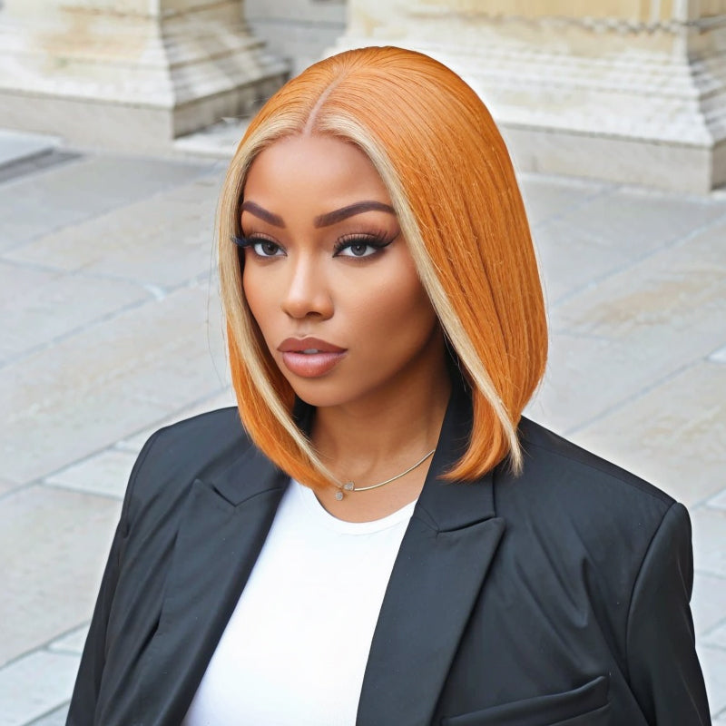 Mid Part Bob 613 Highlight Amber Silky Straight Glueless HD Lace Wig 100% Human Hair