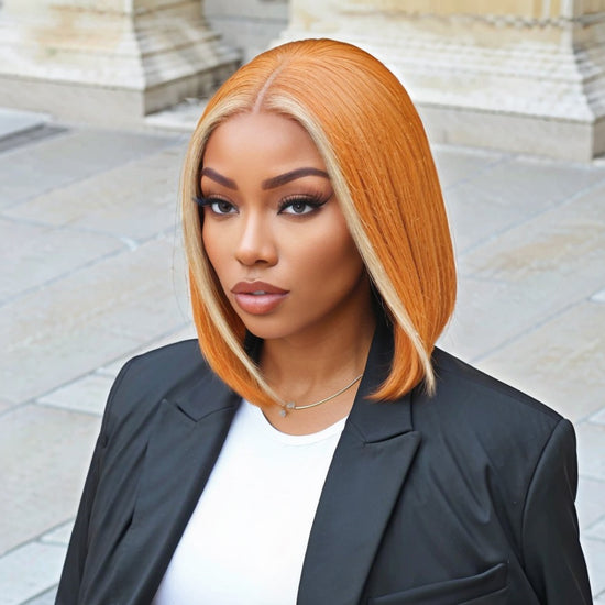 Load image into Gallery viewer, Mid Part Bob 613 Highlight Amber Silky Straight Glueless HD Lace Wig 100% Human Hair
