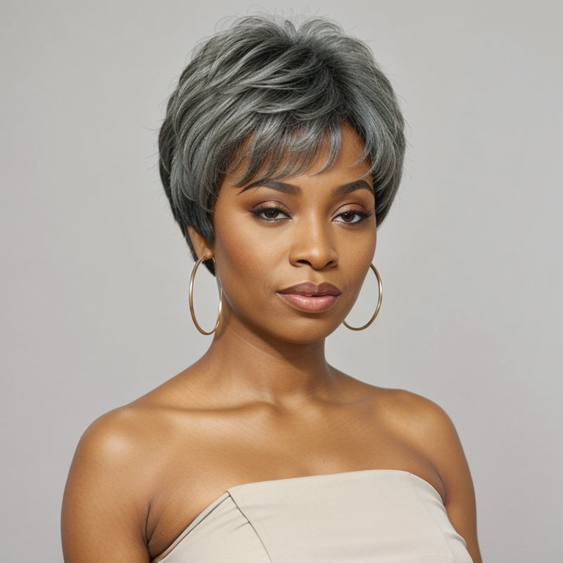 Salt & Pepper Short Straight Pixie Cut with Bangs 100% Human Hair Wig