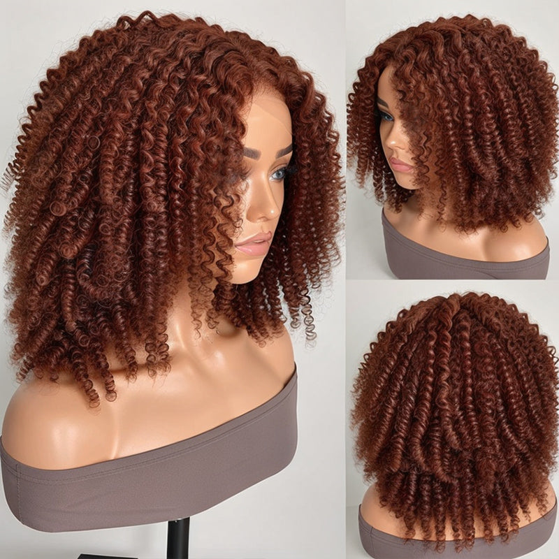 Trendy Color | Auburn Brown 5x5 Closure Lace Glueless Ventilated Wig 4C Afro Kinky Curly Wig 100% Human Hair
