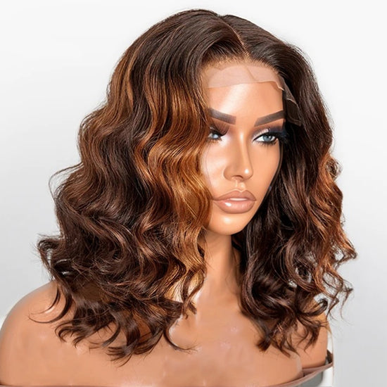 LinktoHair Brown Ombre Loose Wave 5x5 Lace Glueless Short Bob Lace Wig 100% Human Hair