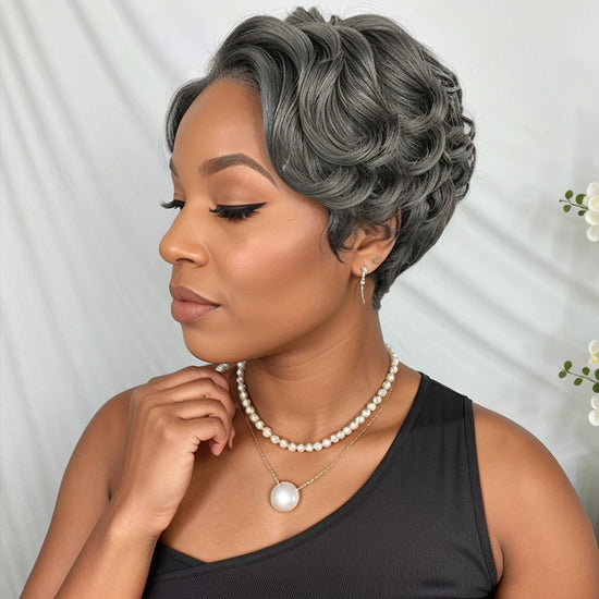Load image into Gallery viewer, Salt &amp;amp; Pepper Short Pixie Cut Glueless 5x5 Closure Lace Side Part Bob Wavy Human Hair Wigs
