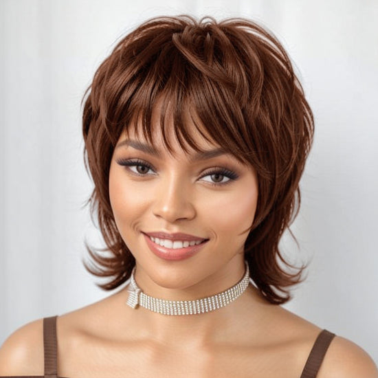 LinktoHair Short Brown Hair Shaggy Layered 80s Mullet Wig Pixie Cut Wig With Bangs Curly 100% Human Hair