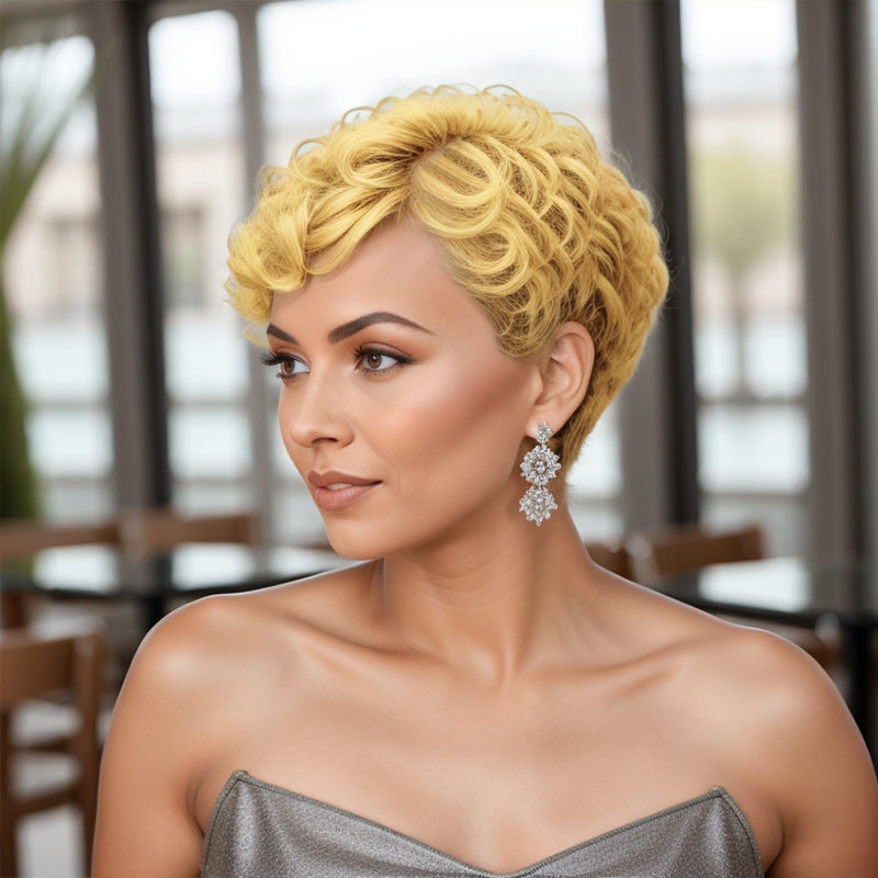 LinktoHair Pixie Cuts Blonde 613 Wig With Natural Wave Bangs Glueless Human Hair Wigs