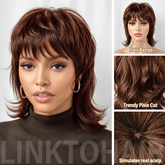 LinktoHair Short Brown Hair Shaggy Layered 80s Mullet Wig Pixie Cut Wig With Bangs Curly 100% Human Hair