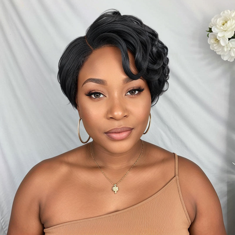 Salt And Pepper Short Pixie Cut Glueless 5x5 Closure Lace Side Part Bob Wavy Human Hair Wigs