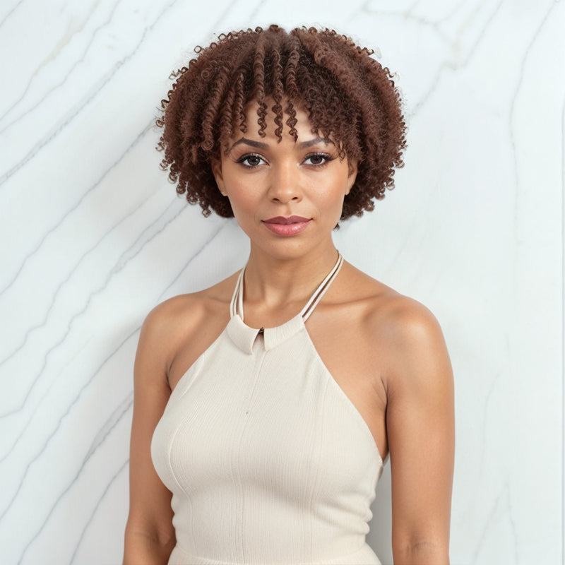 Load image into Gallery viewer, LinktoHair Chocolate Brown Short Curly Bob With Bangs Human Hair Wig Put On &amp;amp; Go
