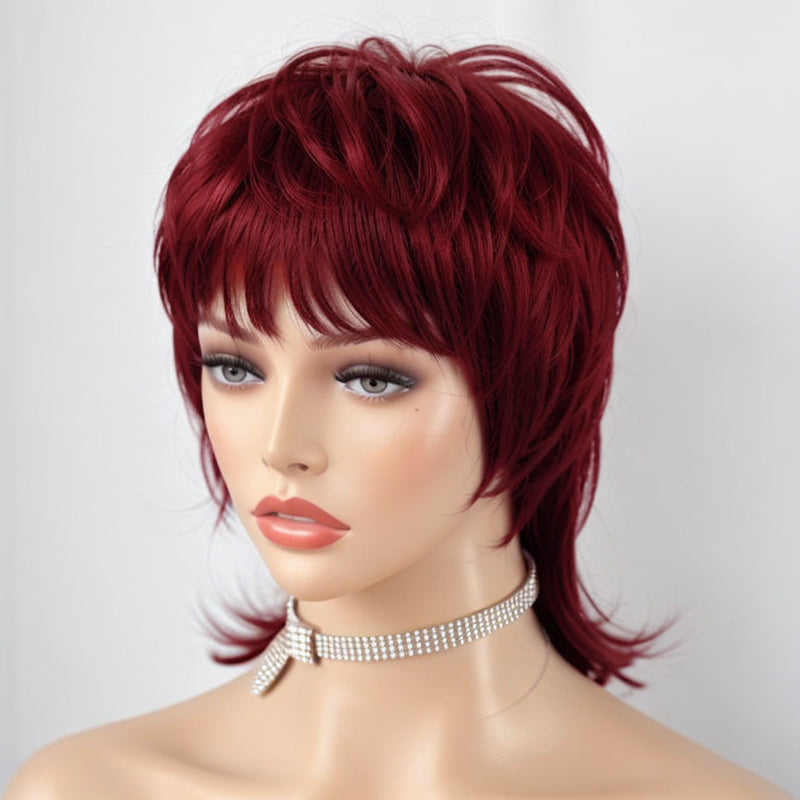 LinktoHair Short Burgundy 99J  Hair Shaggy Layered 80s Mullet Wig Pixie Cut Wig With Bangs Curly 100% Human Hair