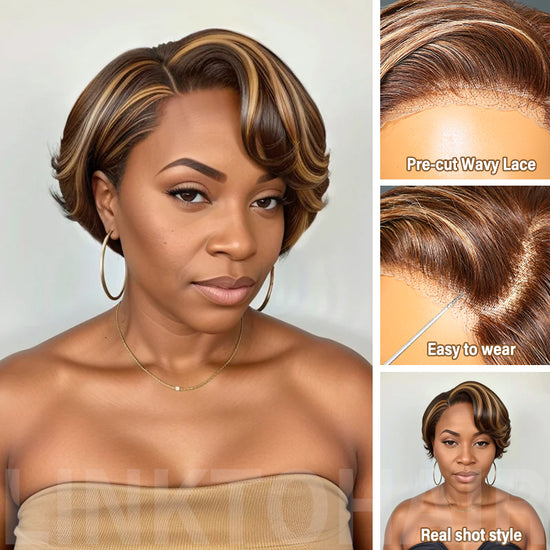 Brown Mix Blonde Short Pixie Cut 5x5 Closure Lace Glueless Side Part Wigs Bob Wavy Human Hair