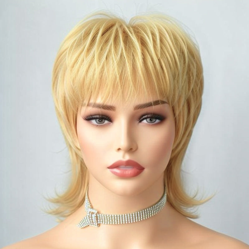 LinktoHair Short Blonde #613 Wig Shaggy Layered 80s Mullet Wig Pixie Cut Wig With Bangs Curly 100% Human Hair