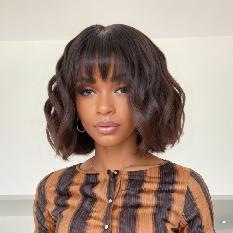Ombre Chestnut Brown Colored Short Wavy Bob Wig with Bangs 100% Human Hair Wigs