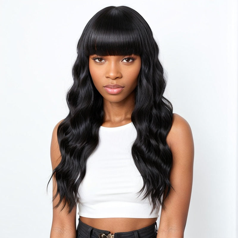 Beginner Friendly Glueless Body Wave Natural Black Human Hair Wig With Bangs