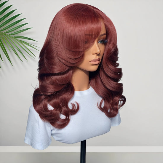 Linktohair Copper Colored Body Wave Long Hair Light Layers with Bangs 100% Human Hair Wigs