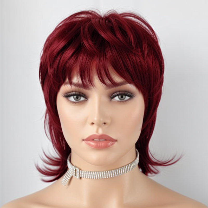 LinktoHair Short Burgundy 99J  Hair Shaggy Layered 80s Mullet Wig Pixie Cut Wig With Bangs Curly 100% Human Hair