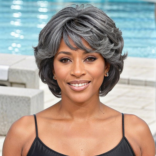 Salt And Pepper Layered Cut Grey Wigs Glueless Bob 100% Virgin Human Hair