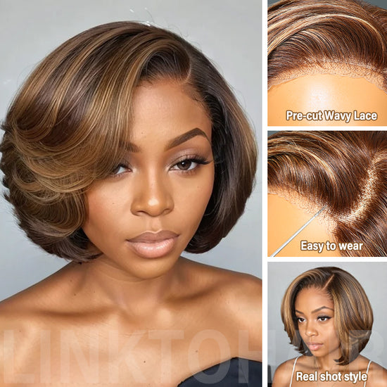 LinktoHair Brown Mix Blonde 5x5 Closure Lace C Part Glueless Highlight Bob Wig