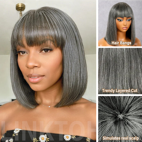 Salt And Pepper Grey Wig BOB with Bangs Glueless Wig