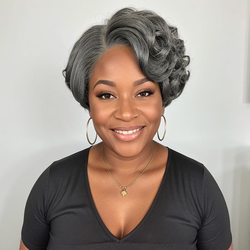 Salt And Pepper Short Pixie Cut Glueless 5x5 Closure Lace Side Part Bob Wavy Human Hair Wigs