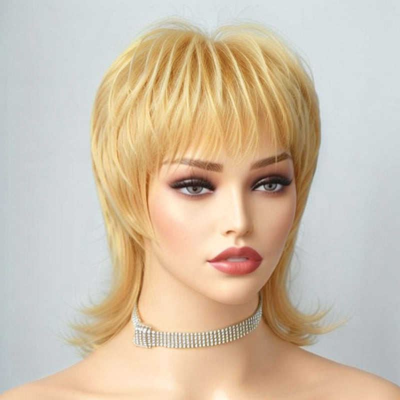 LinktoHair Short Blonde #613 Wig Shaggy Layered 80s Mullet Wig Pixie Cut Wig With Bangs Curly 100% Human Hair
