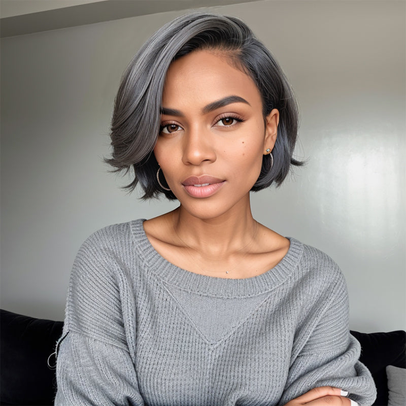 Salt And Pepper Short Pixie C Part Cut Glueless 5x5 Closure Lace Wig 100% Human Hair