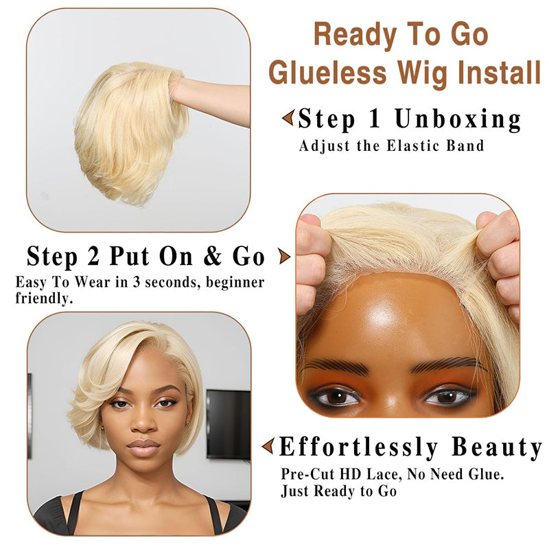 613 Blonde Pixie Cut Glueless 5x5 Closure Lace C Part Short Wig Human Hair