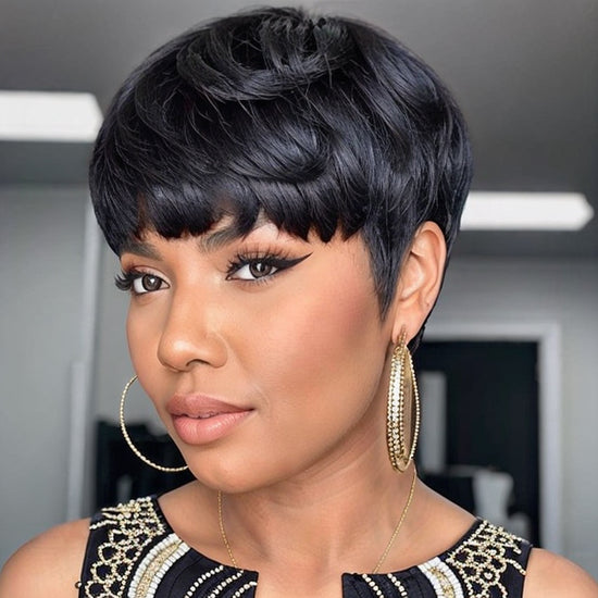 Trendy Layered Pixie Cut Short Wig With Bangs 100% Human Hair | Put On & Go